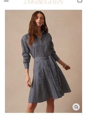 J. McLaughlin Striped Navy Shirt Dress with Waist Tie, NWT, Size 10